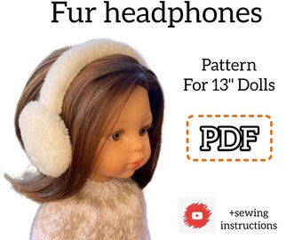 PDF pattern, fur headphones for a 12-13 inch doll, for Paola Reina, winter doll hats