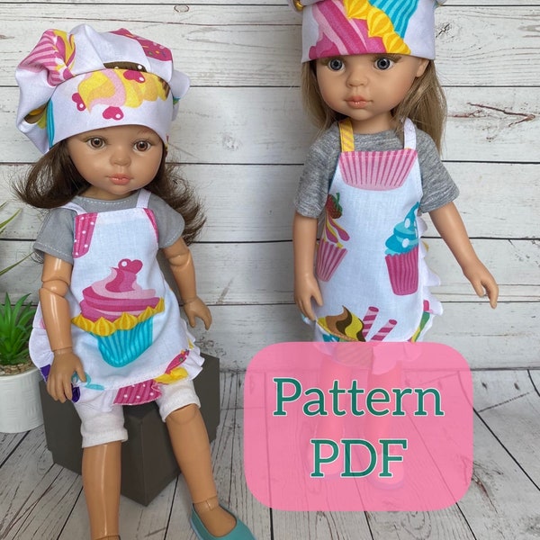 PDF pattern Apron and chef's hat pattern for 13" dolls for Paola Reina and other 13-14" dolls. Doll clothes chef kitchen.