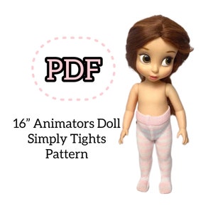 May include: A doll with brown hair and large eyes wearing pink and white striped tights. The text "PDF" is in a pink dotted circle. The text below the doll reads "16" Animators Doll Simply Tights Pattern."