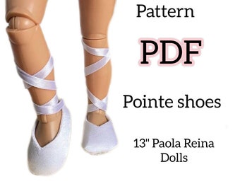 May include: A PDF pattern for making pointe shoes for 13" Paola Reina dolls. The pattern includes instructions for making the shoes and ribbons.