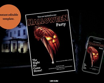 May include: Halloween party invitation template featuring a pumpkin and knife illustration. The text reads "You are invited to our Halloween Party" and "The Night He Came Home!" A smartphone shows the same design.