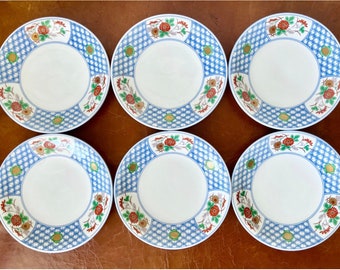 Vintage Imari Salad Plates Set of 6 Japanese Arita Plates with Chrysanthemum Blossom Panel Design Signed Hana Kama PC674