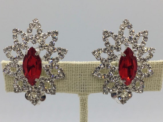 Rhinestone Clip On Cocktail Earrings Red and Whit… - image 5