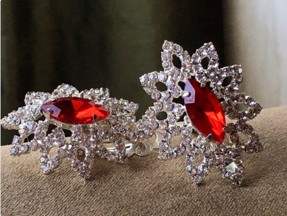 Rhinestone Clip On Cocktail Earrings Red and Whit… - image 1