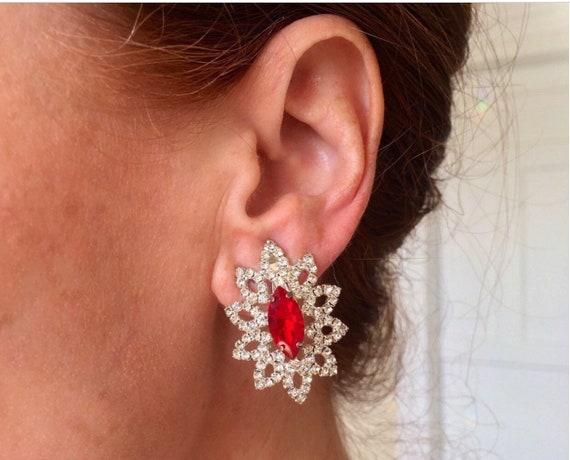 Rhinestone Clip On Cocktail Earrings Red and Whit… - image 7