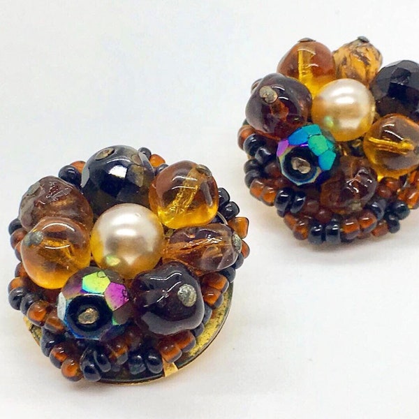 Vintage West Germany Earrings Glass Bead Pearl and Crystal Clip-On MCM Jewelry Retro Style CJ233