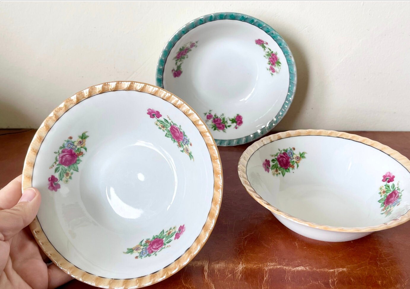 Vintage Porcelain Serving Bowls Set of 3 Japanese Lustreware Yamatzu Teal and Peach Scalloped Lustre Trim Cottage Style Kitchen PC834
