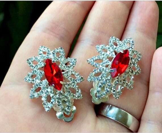 Rhinestone Clip On Cocktail Earrings Red and Whit… - image 8