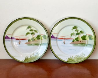 Vintage Nippon Hand Painted Porcelain Dessert Plates Set of 2 1930’s Japanese Lake Scene with Boat PC799