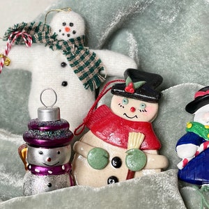 Vintage Snowman Christmas Ornaments Set of 4 Handmade Snowman Ornaments Retro Holiday Decorations OR563