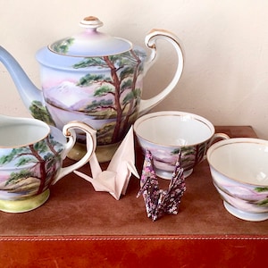 Antique Japanese Nippon Teapot Creamer and Cups 5 Pieces Hand Painted Mt Fuji Landscape Made in Japan Paintings on Porcelain PC106