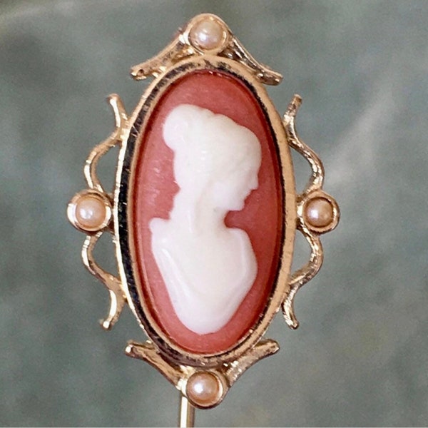 Vintage Avon Cameo Stick Pin Victorian Revival Style Cameo with Seed Pearls in Gold Tone Setting CJ428