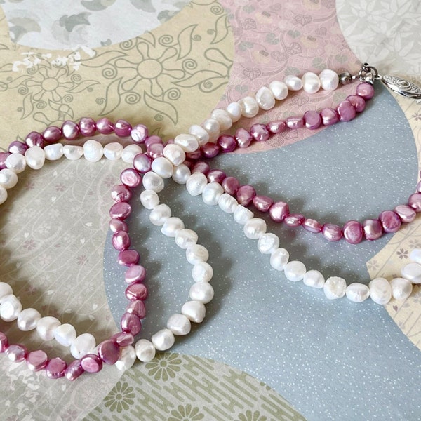 Pink Freshwater Pearl Double Strand Necklace 18 Inch Genuine White and Pink Pearl Jewelry Necklace CJ673