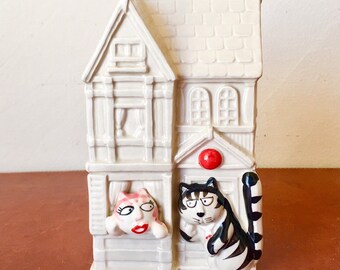 Hand Painted Ceramic Victorian House Cat Coin Bank Figural Cat Bank by Takahashi Made in Japan, PC153
