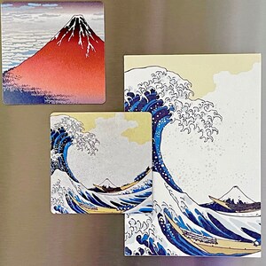 Japanese Hokusai Design Magnets Set of two 3X3 inch Ukiyoe Style Printed Magnets Great Wave and Mt Fuji at Dawn PI009