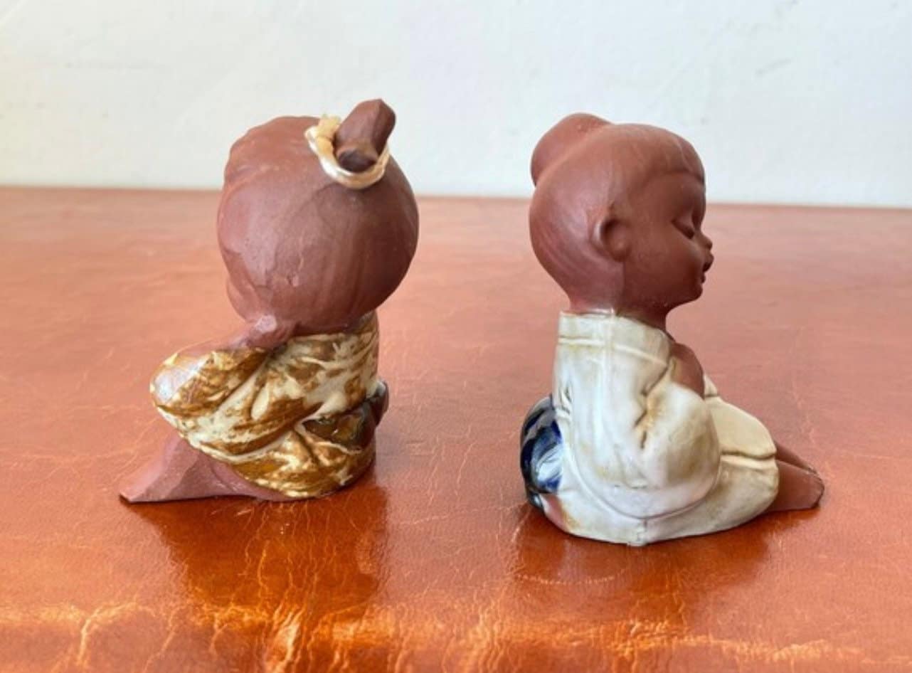 Japanese Clay Bisque Child Figurines Set of 2 Japan Seto Craft