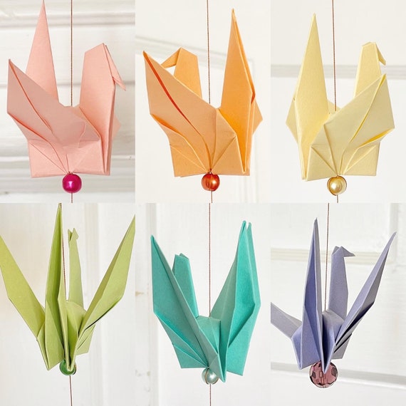 Rainbow Origami Crane Hanging Mobile Set of 6 Hand Folded Pastel