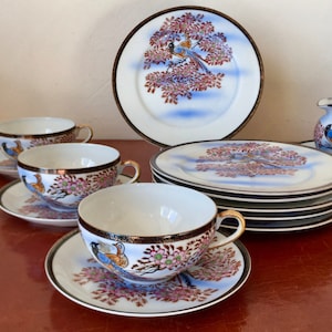 Antique Hand Painted Nippon Porcelain Set with Cups Saucers Sugar Bowl Creamer and Plates Japanese Cherry Blossom and Pheasant Design PC801