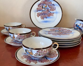Antique Hand Painted Nippon Porcelain Set with Cups Saucers Sugar Bowl Creamer and Plates Japanese Cherry Blossom and Pheasant Design PC801