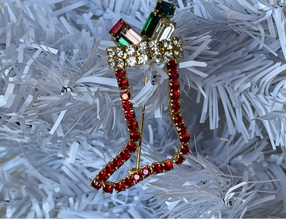 Vintage Rhinestone Christmas Stocking Brooch Pin … - image 7