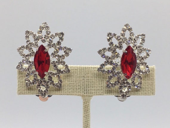 Rhinestone Clip On Cocktail Earrings Red and Whit… - image 6