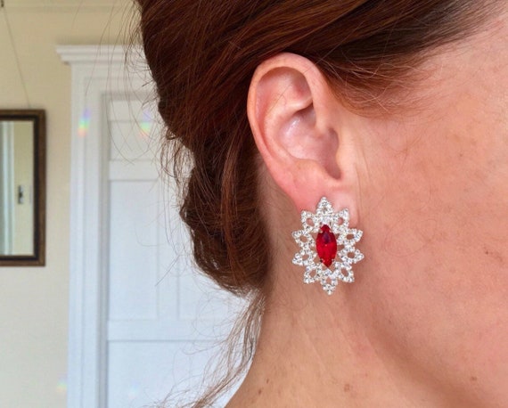 Rhinestone Clip On Cocktail Earrings Red and Whit… - image 2