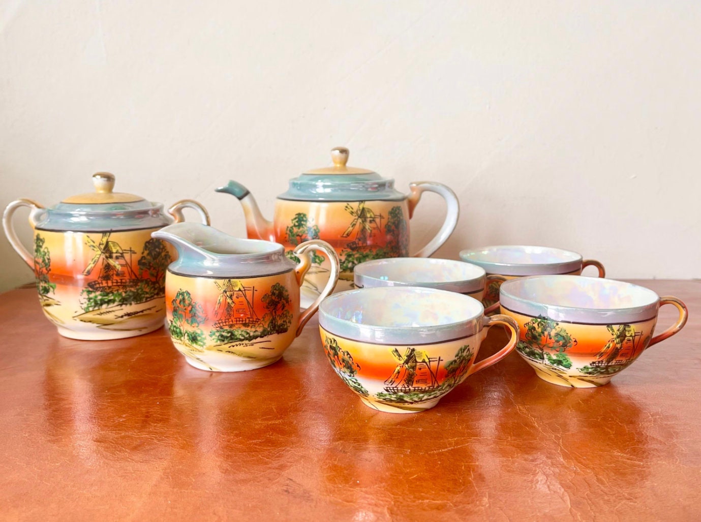 Japanese Hand Painted Porcelain Lusterware Tea Set 9 Piece