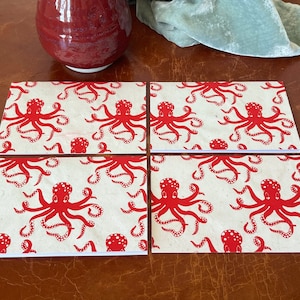 Hand Printed Red Octopus Greeting Cards Set of 4 Handmade Mulberry Paper Cards and Envelopes Horizontal Orientation PI018