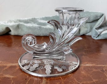 Antique Crystal and Sterling Silver Overlay Candlestick Holder Fostoria Silver City Overlay Art Deco Crystal Baroque Pattern GC128