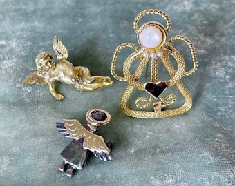 Vintage Angel Christmas Pins Set of 3 Vintage Gold Tone Mesh Angel Brooches Silver Plated Angel Pin Cherub Pin CJ777