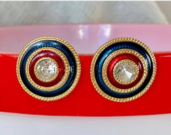 Vintage Trifari Red and Blue Enamel Gold Rope Earrings Patriotic Round Enameled Rhinestone Clip Earrings CJ016