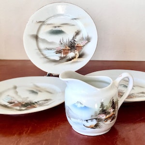 Antique Nippon Dessert Plates and Creamer Japanese Hand Painted Mount Fuji Design Meiji Period 1868 to 1912 PC804