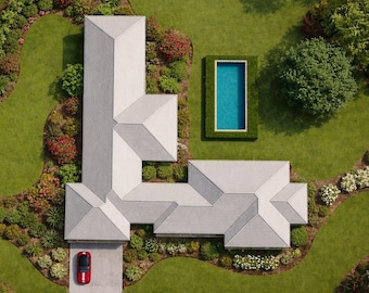 Casa a forma di L, casa con cortile interno, villa, stile resort, planimetria della casa, stanza nascosta