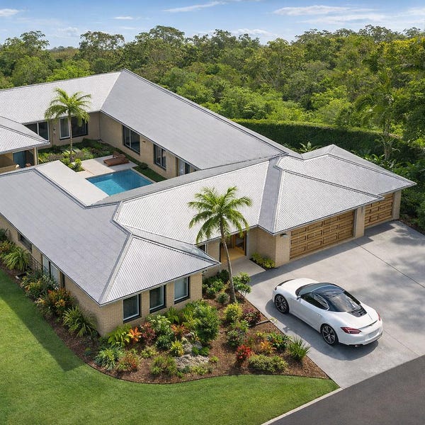 Casa con patio, plano de casa, garaje triple, villa, estilo resort.