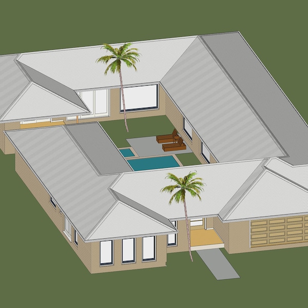 Casa con cortile, pianta della casa, garage triplo, villa, stile resort