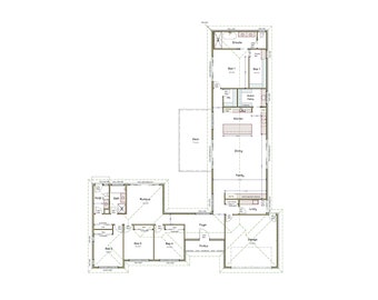 Casa a forma di L con cortile interno, in stile resort.