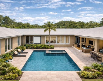 Casa con cortile interno, planimetria, progetto concettuale, villa, stile resort