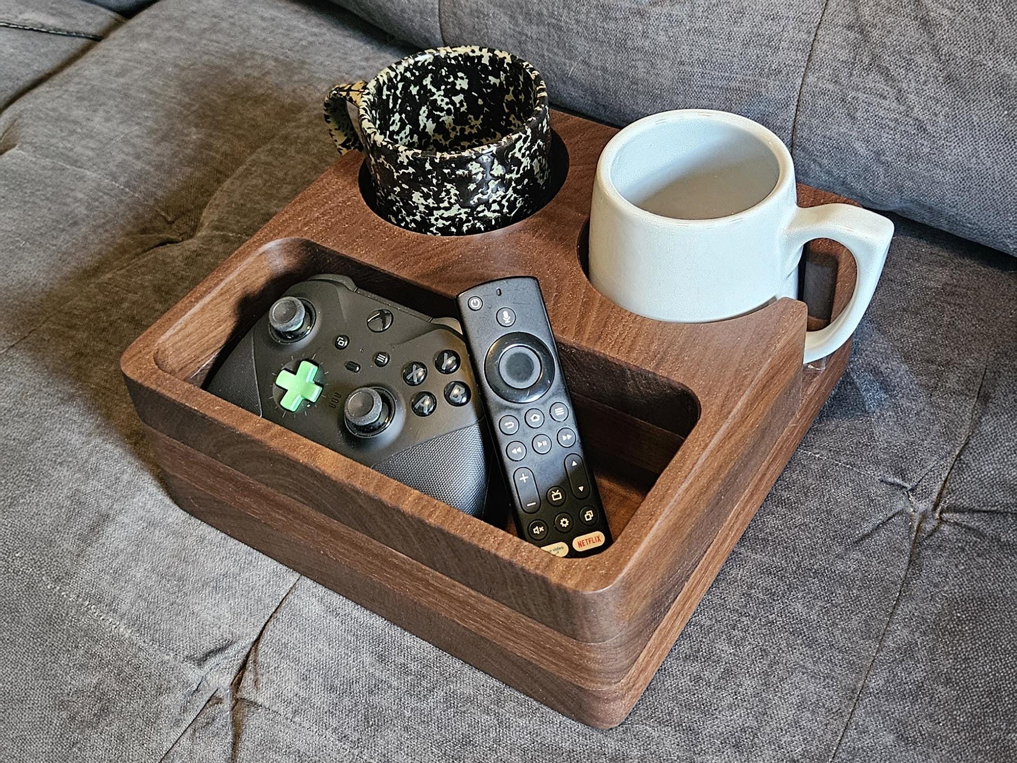 XL Walnut Couch Caddy With Mug Slots, Bed Remote Holder, Truck Cup