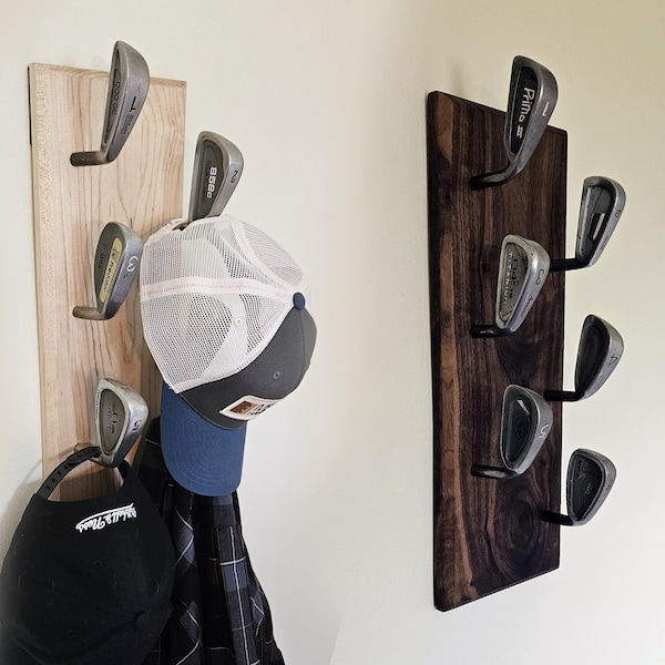 Golf Club 6 Hook Coat Rack or Hat Rack Great Gift For Golfers and Iron Anniversary or 6th Anniversary in Walnut or Maple
