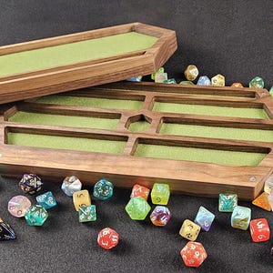 DnD Dice Box / Dice Hoarder / Dice Vault and Dice Tray with Tablet Stand, in Walnut | Holds 6 Dice Sets | D&D Gift | Gamer Gift for RPG