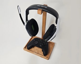 Wooden Headphone Stand and Controller Holder | Gift for Gamer | Desk Organizer | Cherry or Walnut