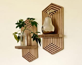 Hexagonal floating shelf for plants and small items, mid century modern boho wall decor