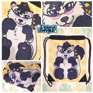 May include: A white and black furry creature with a yellow and black striped tail wearing sunglasses and a black headband. The creature is sitting on a yellow background with white stars. The image is for a drawstring bag.