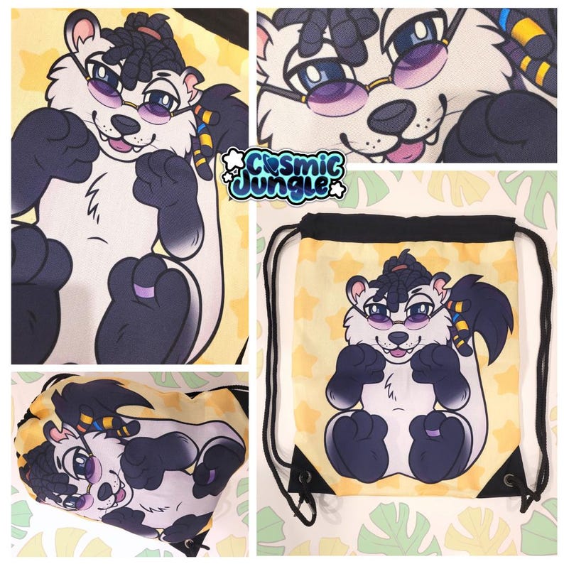 May include: A white and black furry creature with a yellow and black striped tail wearing sunglasses and a black headband. The creature is sitting on a yellow background with white stars. The image is for a drawstring bag.