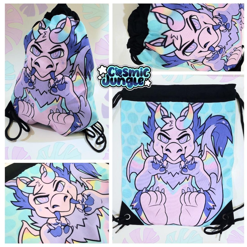 May include: A drawstring bag with a colorful, cartoon dragon design. The dragon is purple, pink, and blue with rainbow accents. The bag is black with a white background and the text "Cosmic Jungle" in a star-shaped design.
