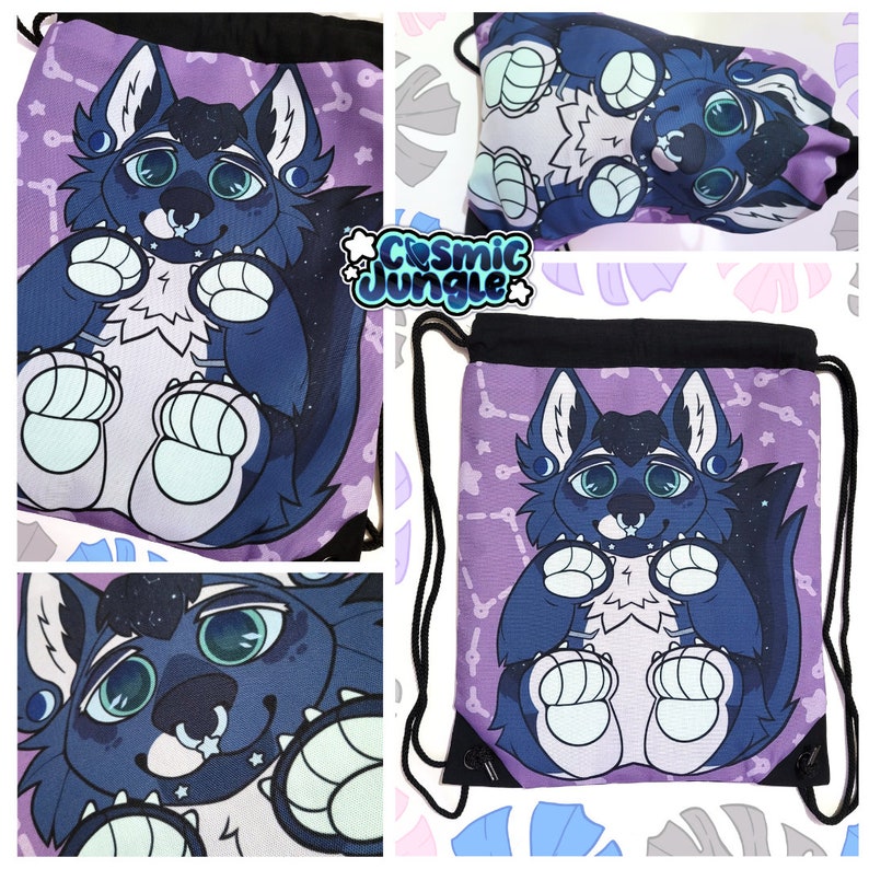 May include: A purple drawstring bag with a blue and white furry creature with a galaxy print. The creature has large eyes and a small nose. The bag has a black drawstring and a white star pattern.