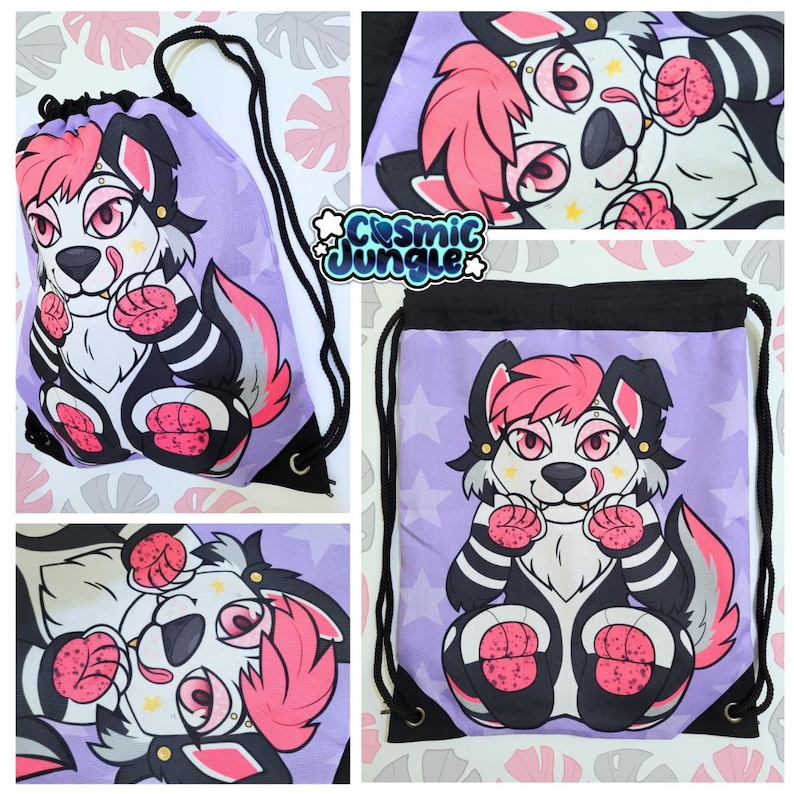 May include: Purple drawstring bag with a white furry creature with pink hair and black and white stripes. The creature has a pink nose and black eyes. The bag has a white star pattern.