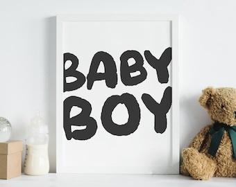 Baby Boy - arte da parete stampabile con download istantaneo - poster tipografico minimalista scritto a mano in bianco e nero - arte da parete per la scuola materna