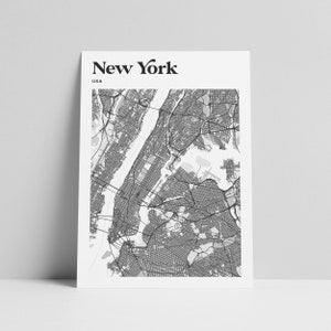 Kaart van New York - instant download afdrukbare kunst aan de muur - zwart-wit minimalistische monochrome lijn kaart poster
