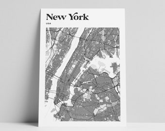 Map of New York - instant download printable wall art - black and white minimalist monochrome line map poster